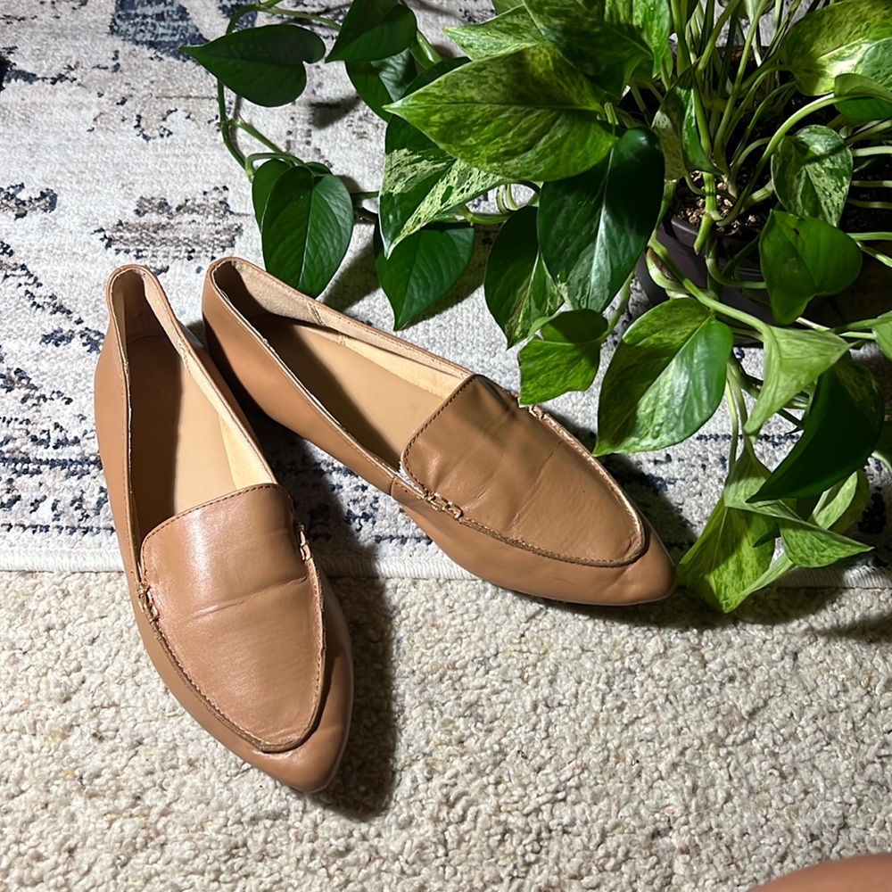Tan faux leather pointed toe Flats with gold detail by Express.